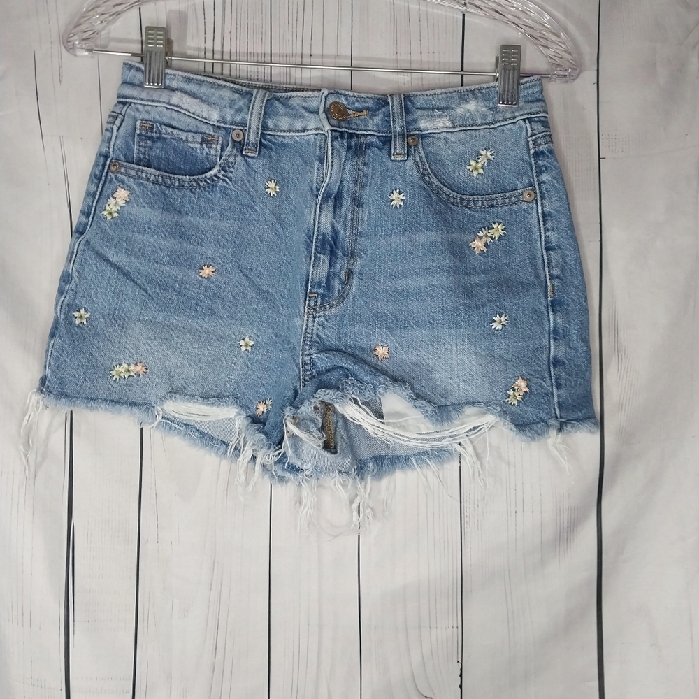 American Eagle Outfitters Light Blue High-Rise Boho Raw Hem Embroidered Shorts
